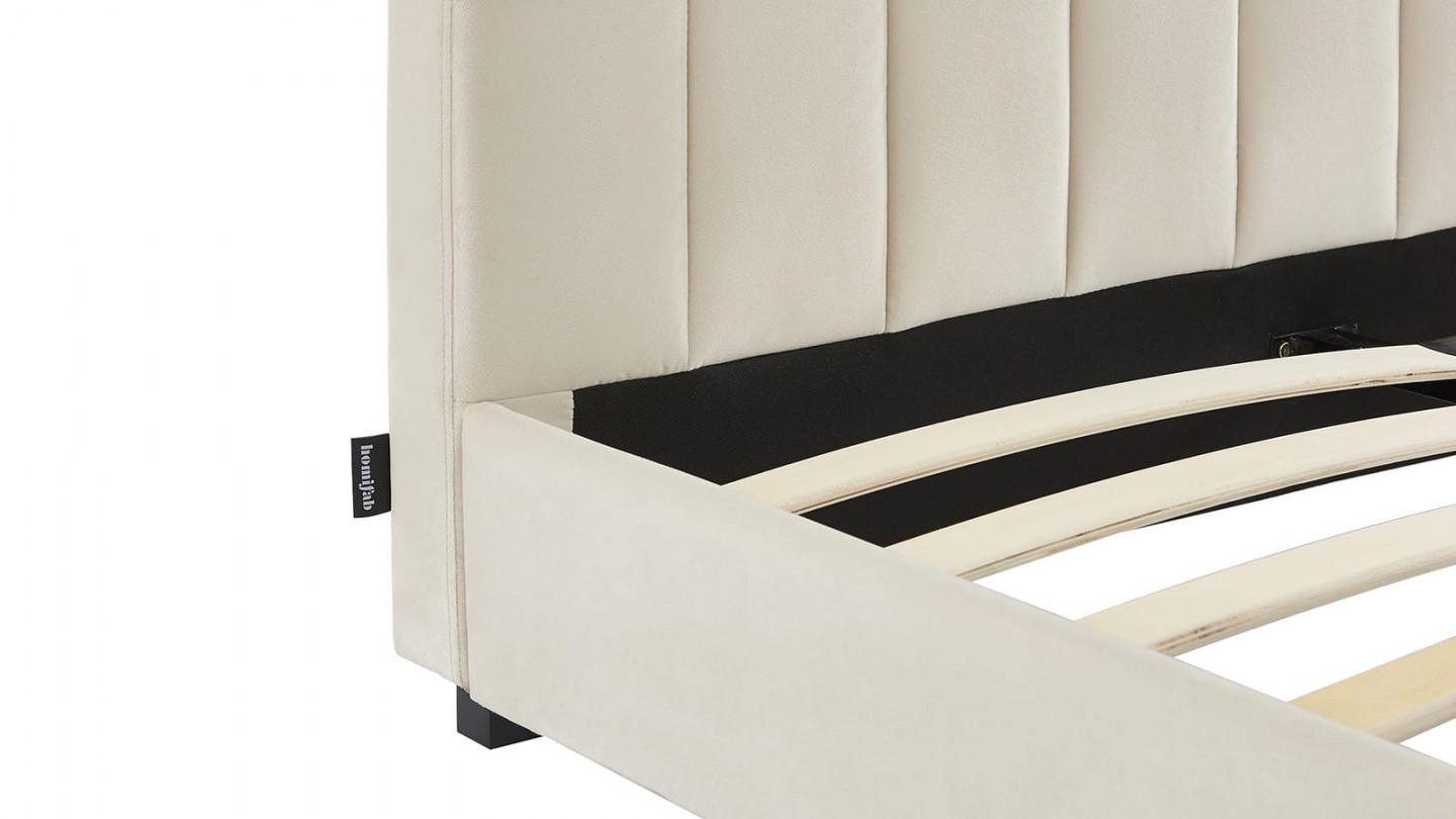 Ensemble lit 160x200 en velours beige William + Matelas mousse gel à mémoire de forme, double confort - Dual Confort