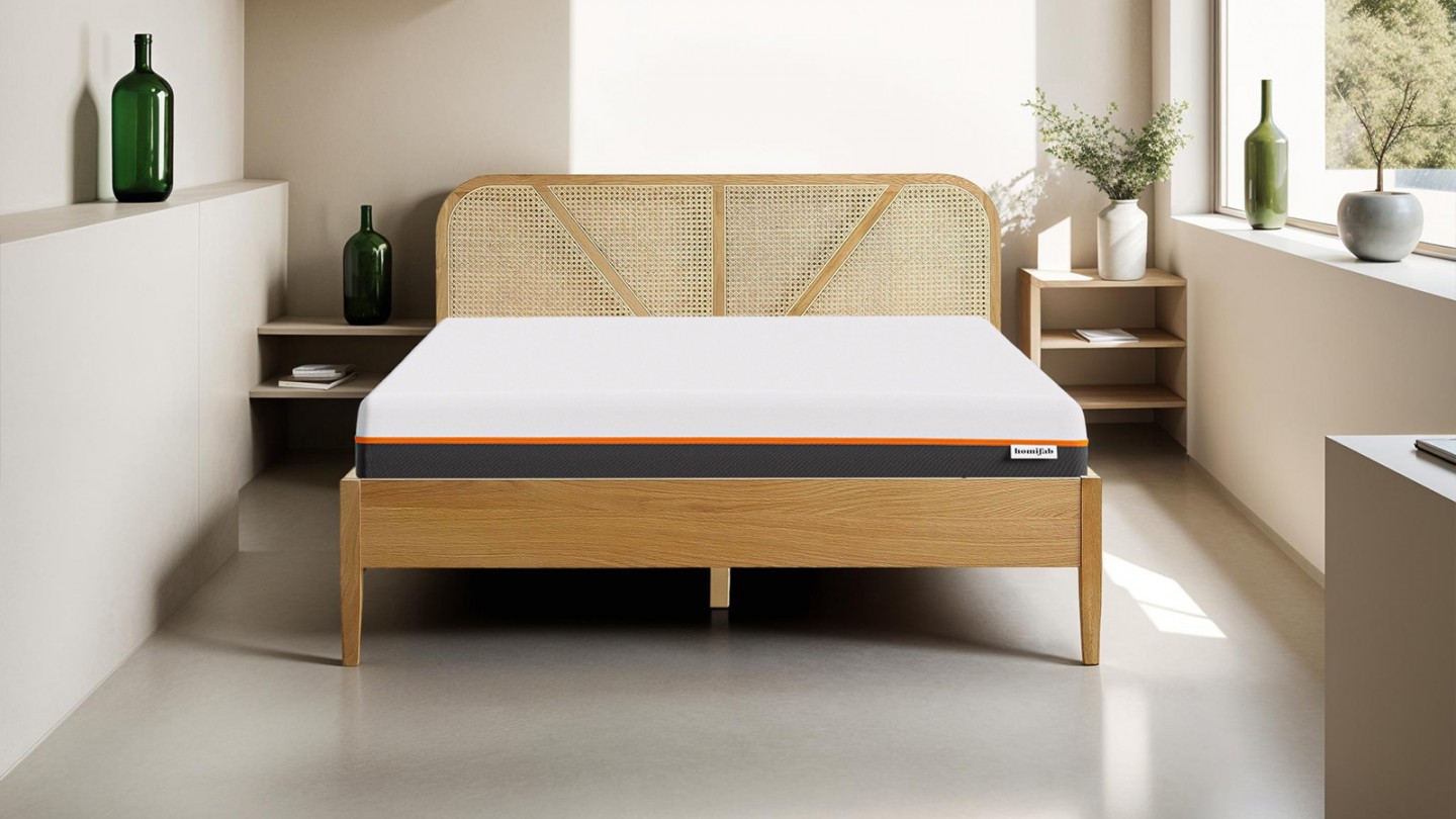 Ensemble lit 160x200 en bois et cannage Leonie + Matelas mousse gel à mémoire de forme, double confort - Dual Confort