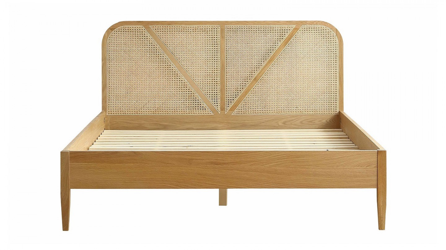 Ensemble lit 160x200 en bois et cannage Leonie + Matelas mousse gel à mémoire de forme, double confort - Dual Confort