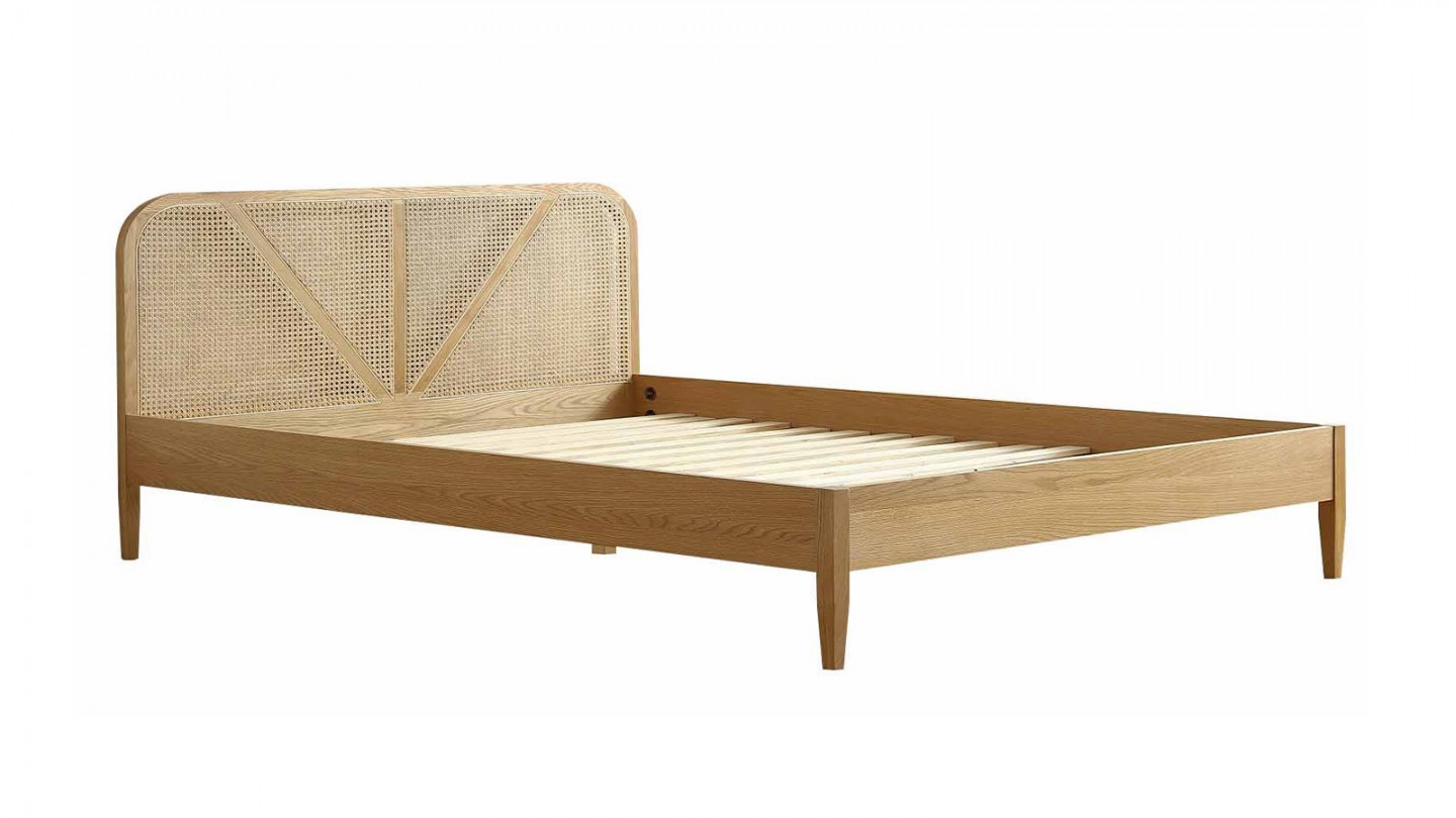 Ensemble lit 160x200 en bois et cannage Leonie + Matelas mousse gel à mémoire de forme, double confort - Dual Confort