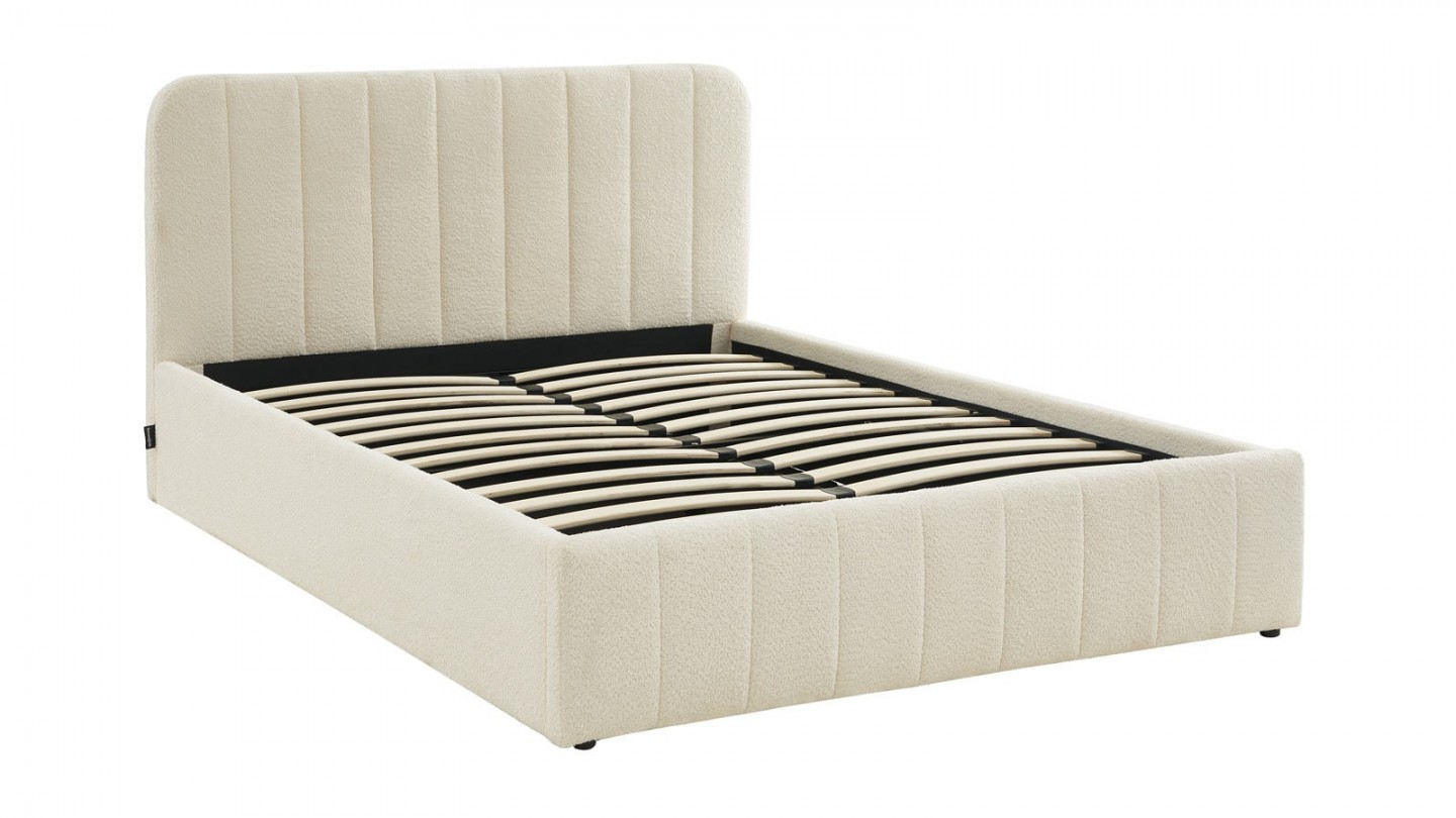 Ensemble lit coffre 160x200 en tissu bouclé écru Ava + Matelas mousse gel à mémoire de forme, double confort - Dual Confort