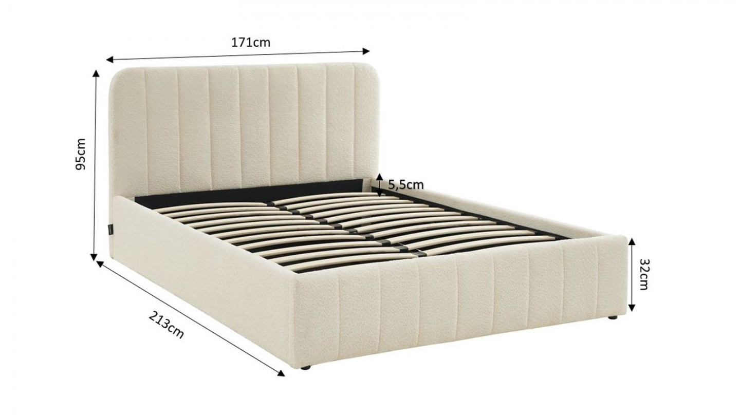 Ensemble lit coffre 160x200 en tissu bouclé écru Ava + Matelas mousse gel à mémoire de forme, double confort - Dual Confort