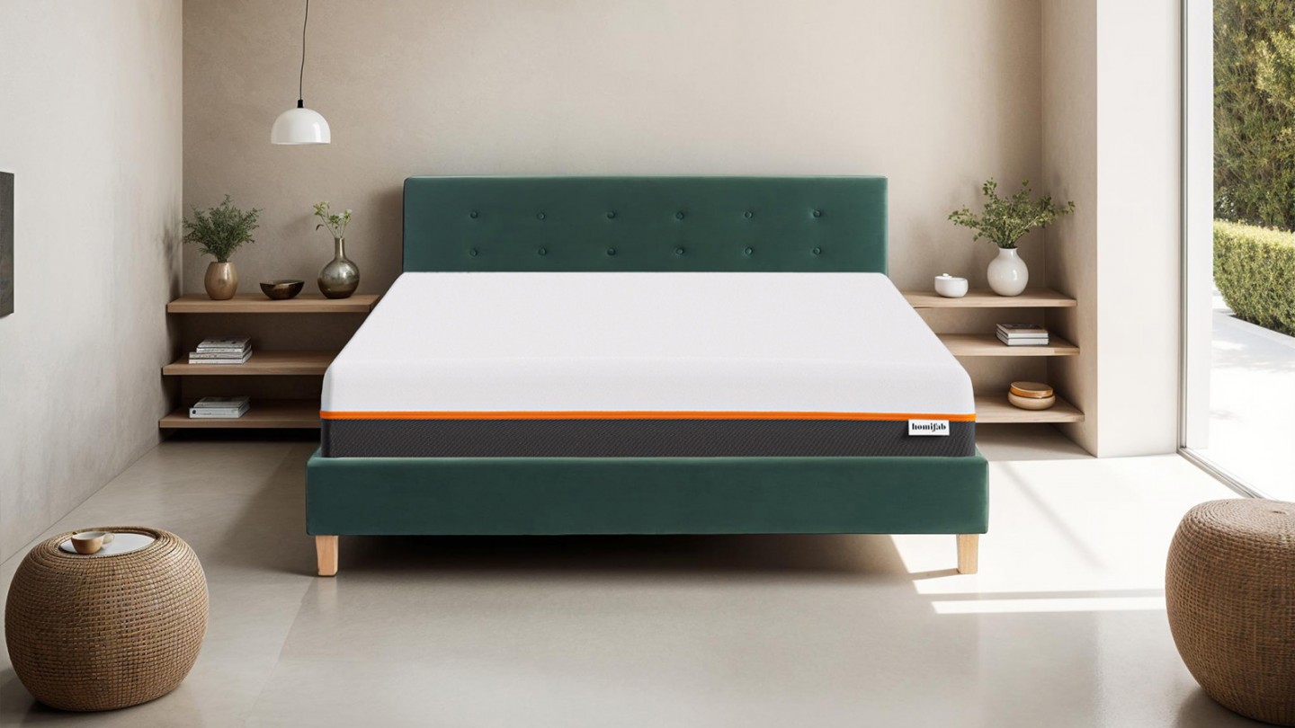 Ensemble lit 160x200 en velours vert bouteille Milo + Matelas mousse gel à mémoire de forme, double confort - Dual Confort