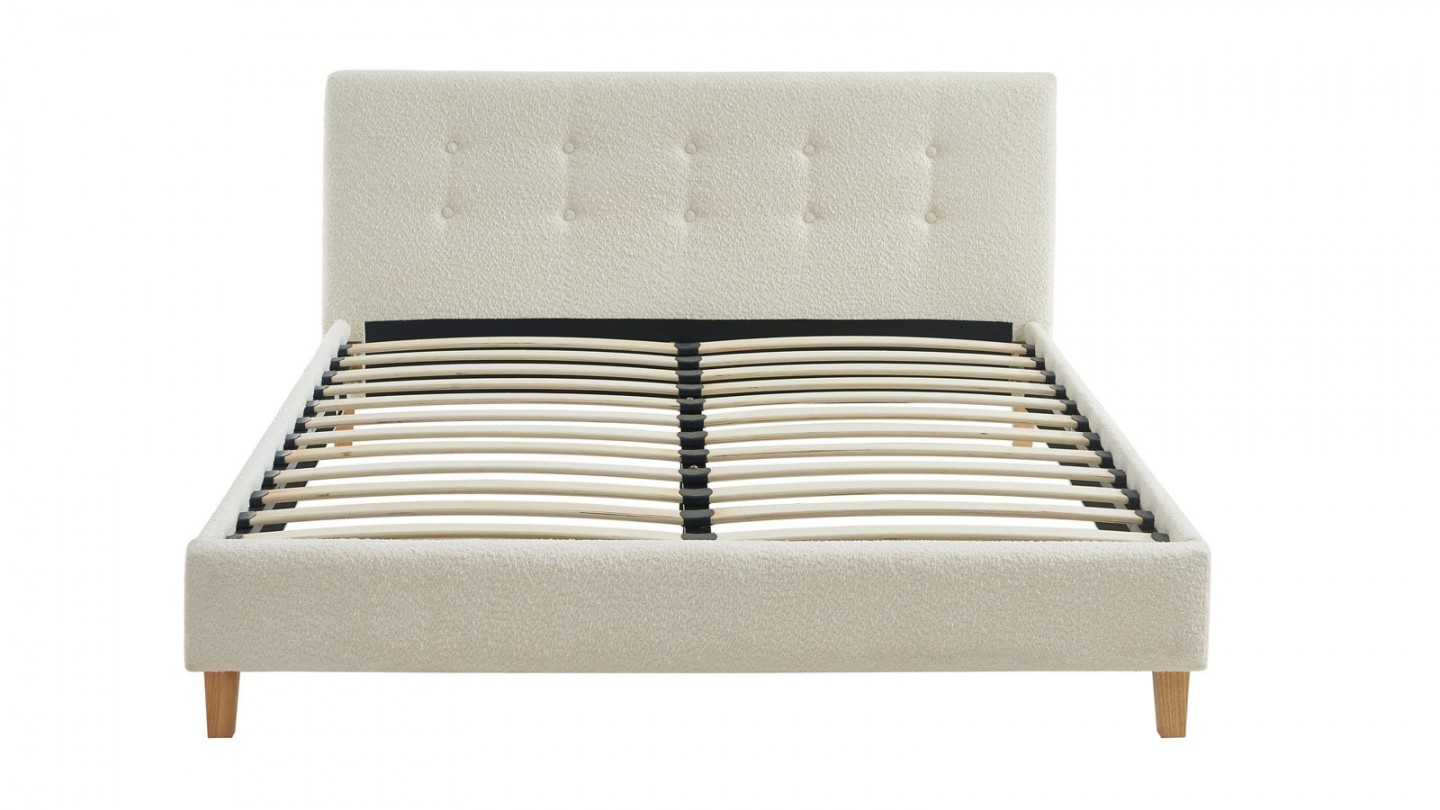 Ensemble lit 160x200 en tissu bouclé écru Milo + Matelas mousse gel à mémoire de forme, double confort - Dual Confort