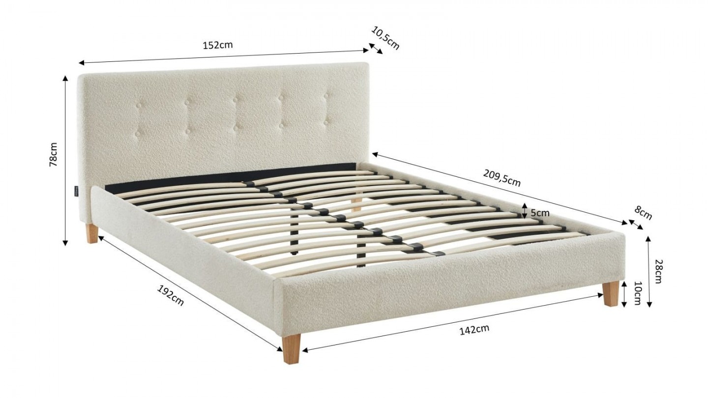 Ensemble lit 160x200 en tissu bouclé écru Milo + Matelas mousse gel à mémoire de forme, double confort - Dual Confort