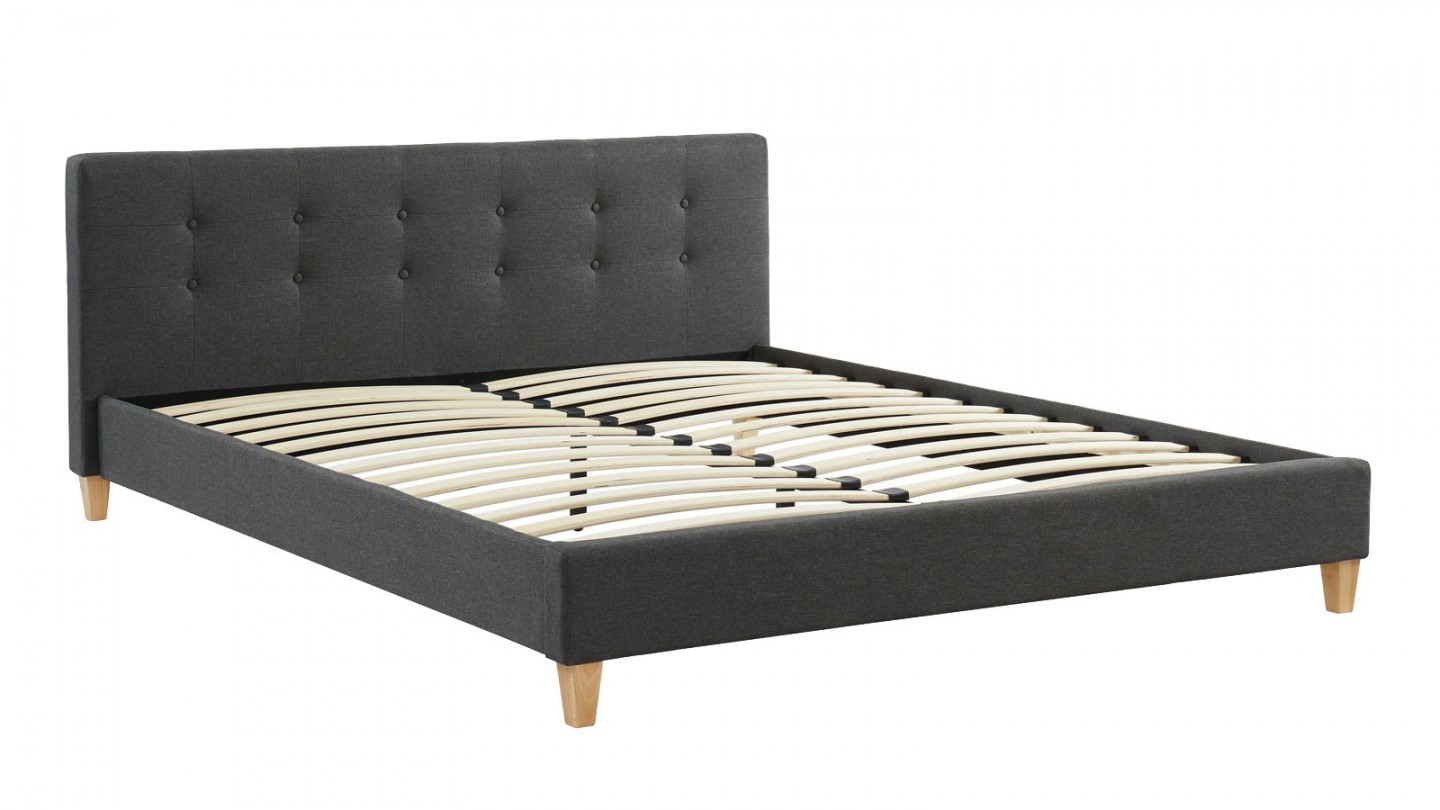 Ensemble lit 160x200 en tissu gris foncé Milo + Matelas mousse gel à mémoire de forme, double confort - Dual Confort