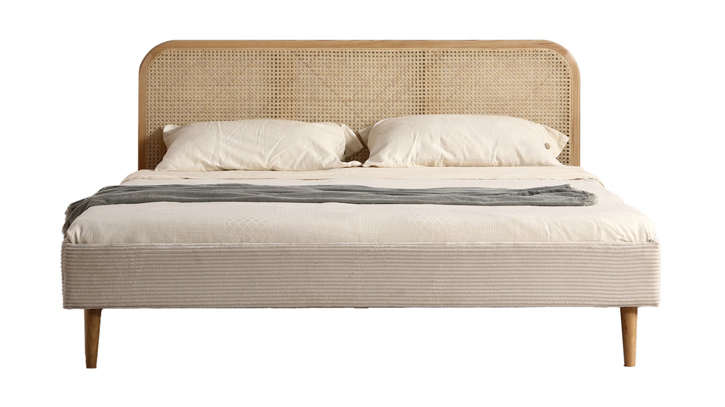 Lit adulte 140x190 cm en velours côtelé beige avec tête de lit en cannage - Dalia