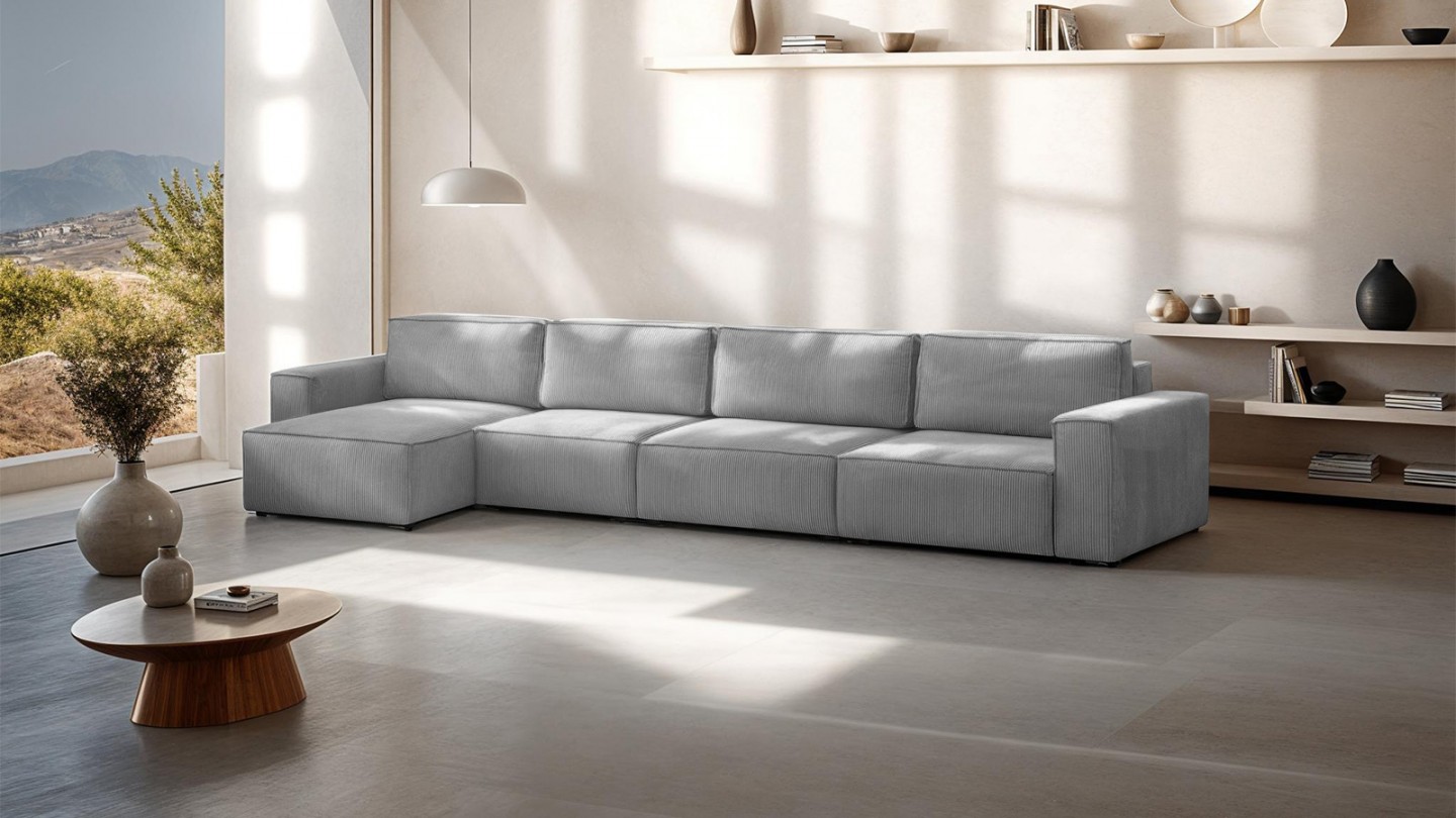 Canapé d'angle modulable 6/7 places en velours côtelé gris clair - Harper Mod