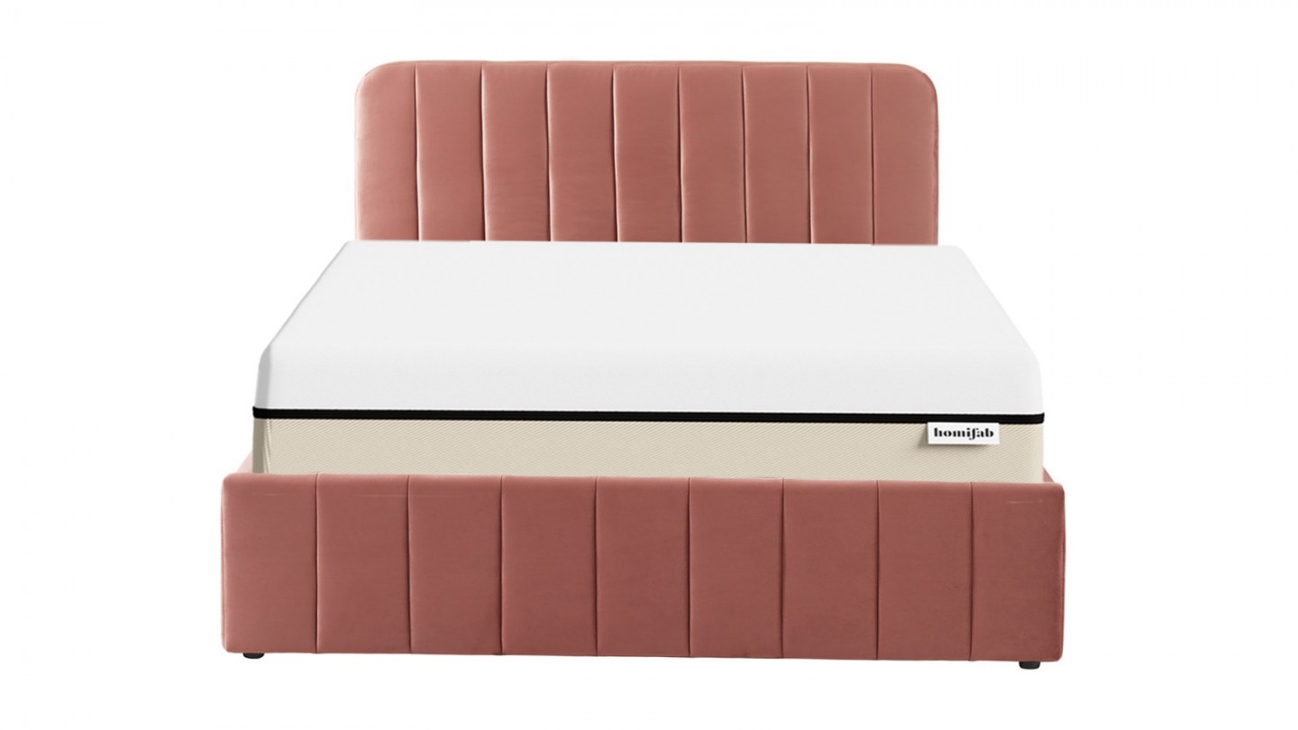 Ensemble lit coffre 160x200 en velours rose blush Ava + Matelas Hybride à ressorts ensachés et mémoire de forme - Spring Elite