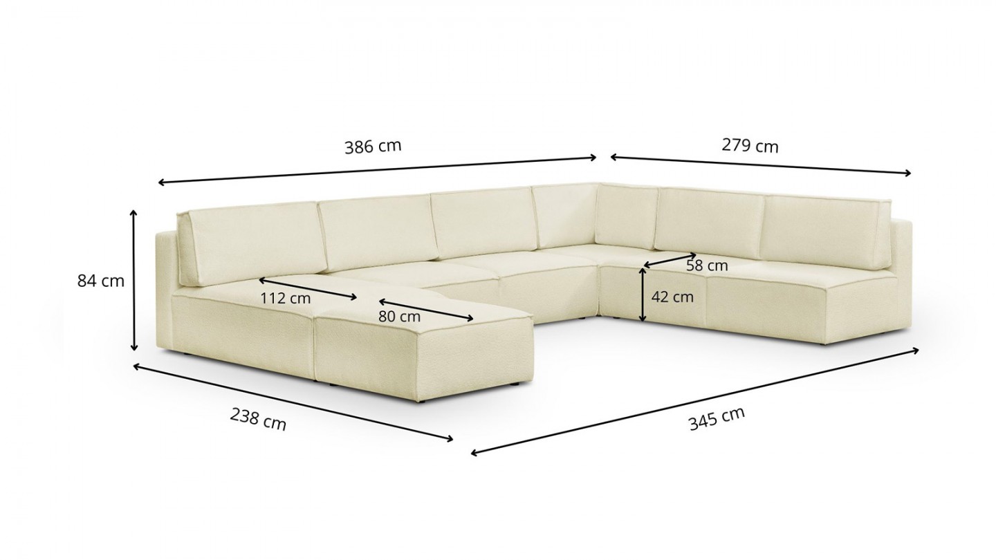 Canapé d'angle à droite panoramique modulable convertible 10 places avec pouf en tissu bouclé écru - Harper Mod