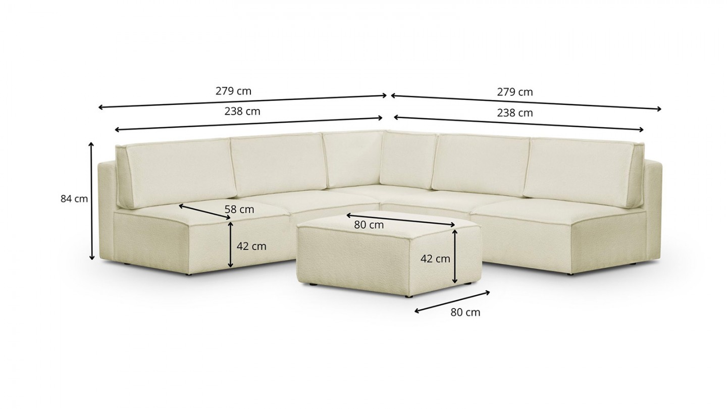 Canapé d'angle à droite modulable 8 places avec pouf en tissu bouclé écru - Harper Mod