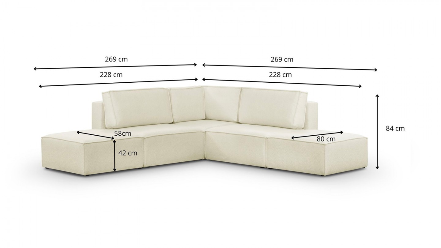 Canapé d'angle à gauche modulable 4 places avec 2 poufs en tissu bouclé écru - Harper Mod