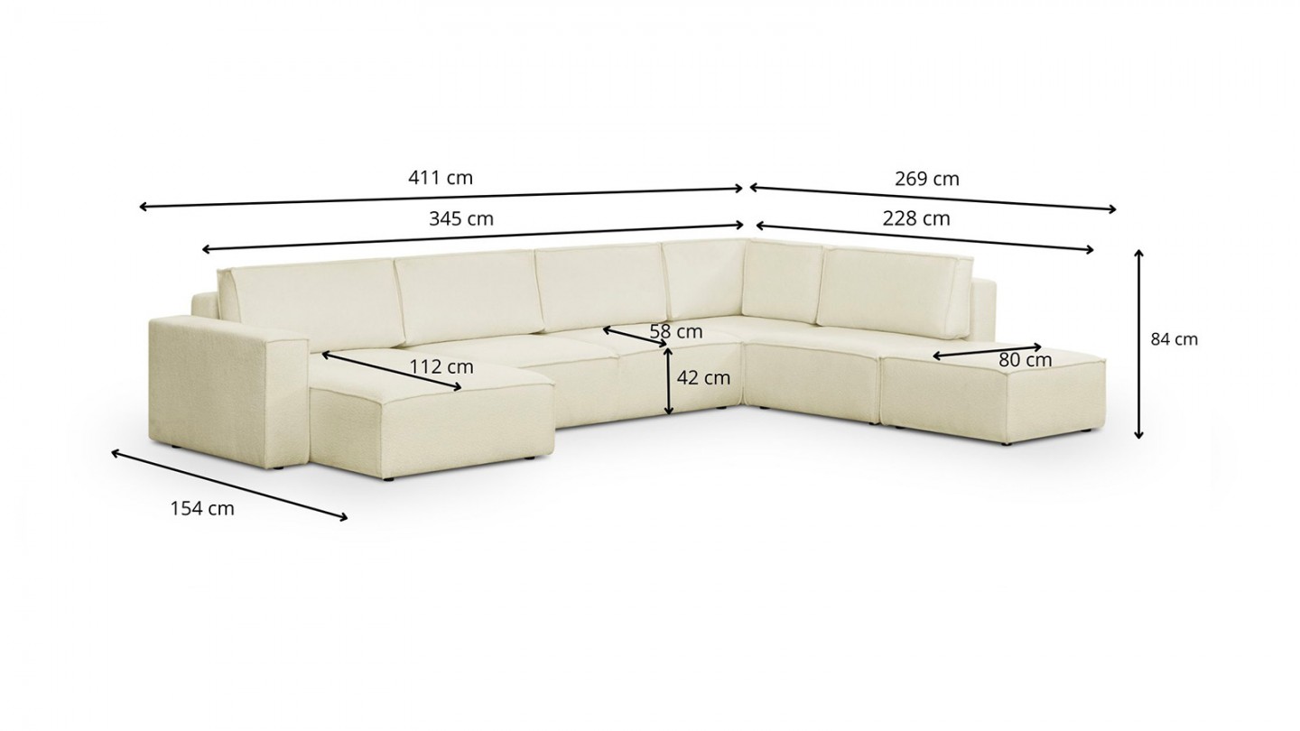 Canapé d'angle à droite panoramique convertible modulable 8 places avec pouf en tissu bouclé écru - Harper Mod