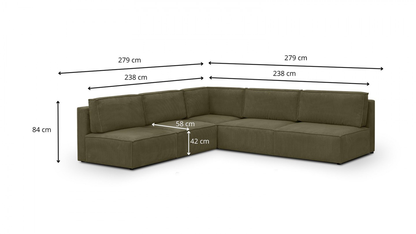 Canapé d'angle à gauche modulable 8 places en velours côtelé vert kaki - Harper Mod