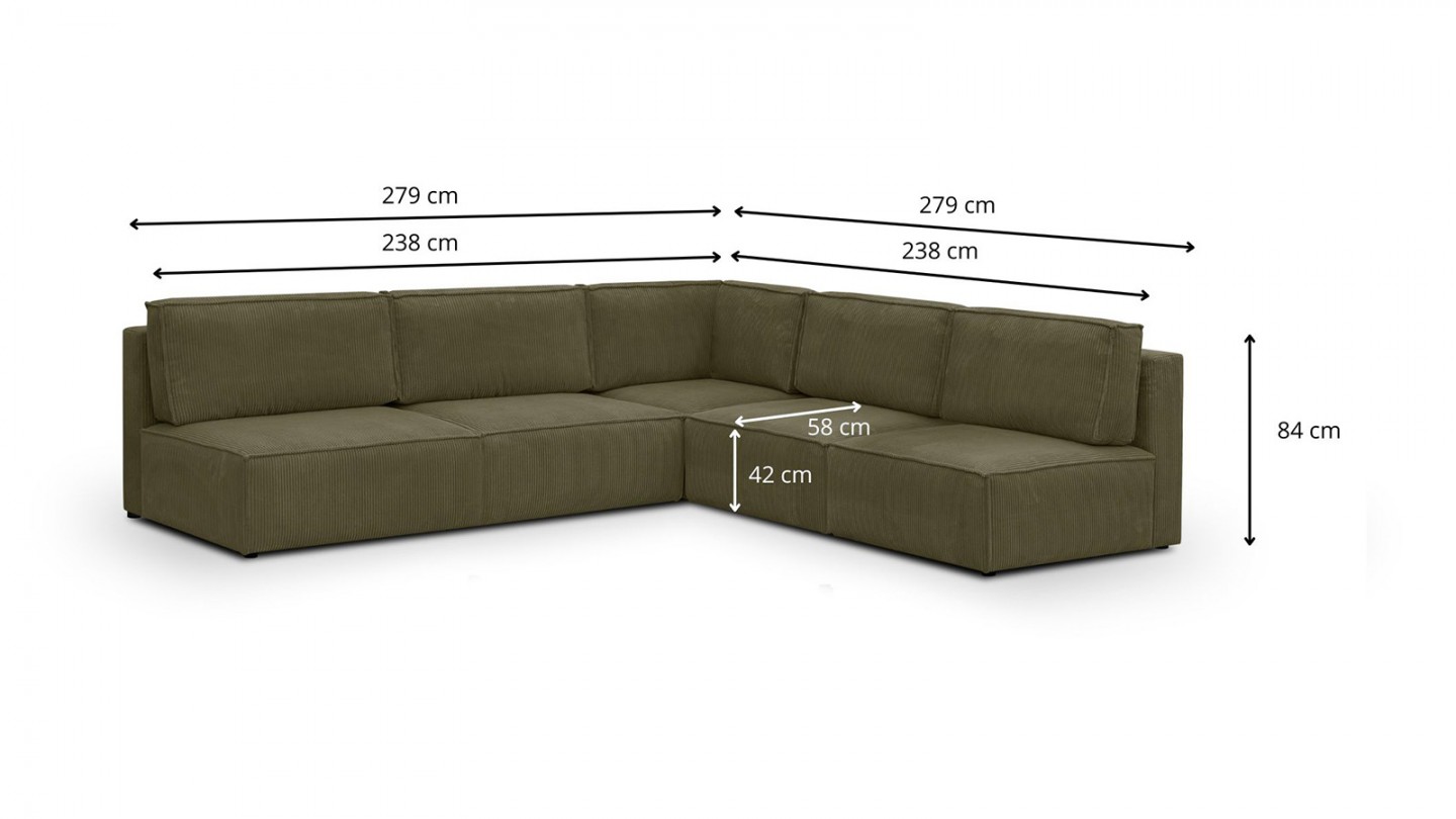 Canapé d'angle à droite modulable 8 places en velours côtelé vert kaki - Harper Mod