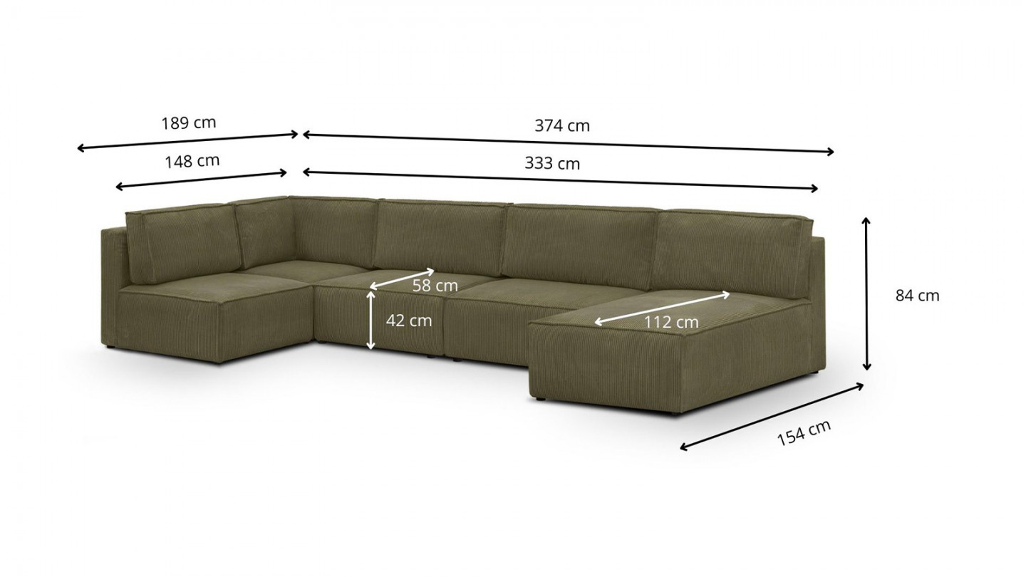 Canapé d'angle à gauche panoramique convertible modulable 8 places avec 2 poufs en velours côtelé vert kaki - Harper Mod