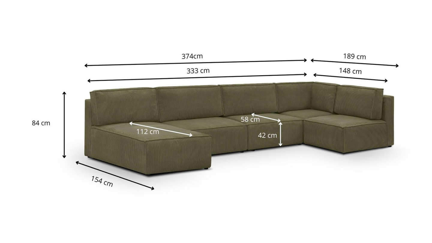 Canapé d'angle à droite panoramique convertible modulable 8 places avec 2 poufs en velours côtelé vert kaki - Harper Mod