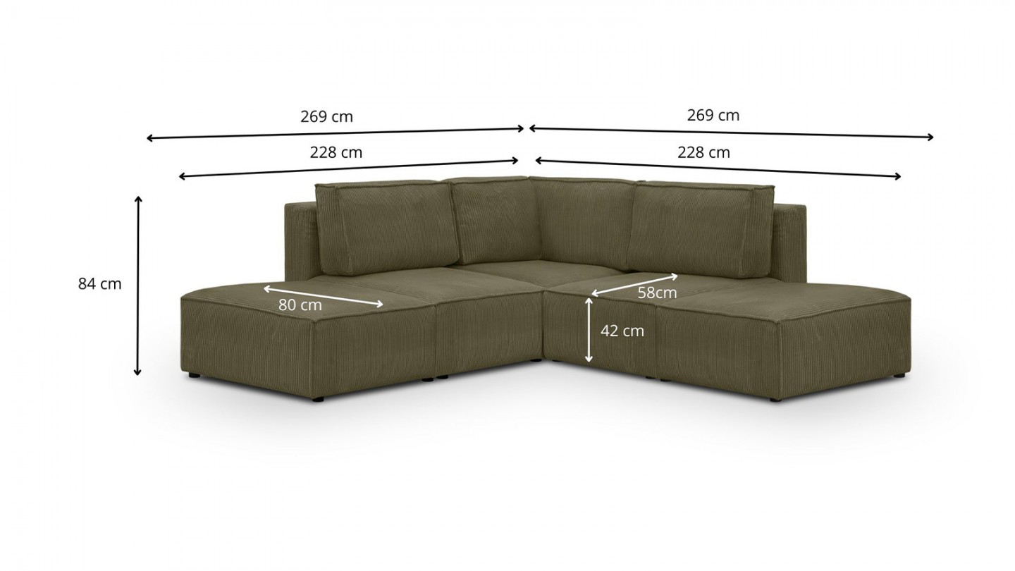 Canapé d'angle à droite modulable 4 places avec 2 poufs en velours côtelé vert kaki - Harper Mod