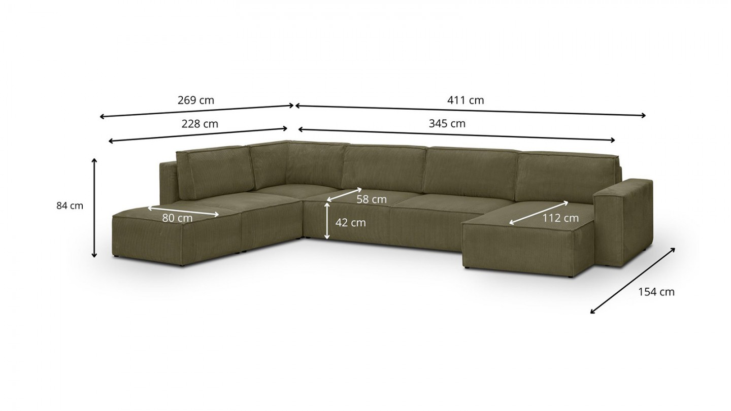 Canapé d'angle à gauche panoramique convertible modulable 8 places avec pouf en velours côtelé vert kaki - Harper Mod