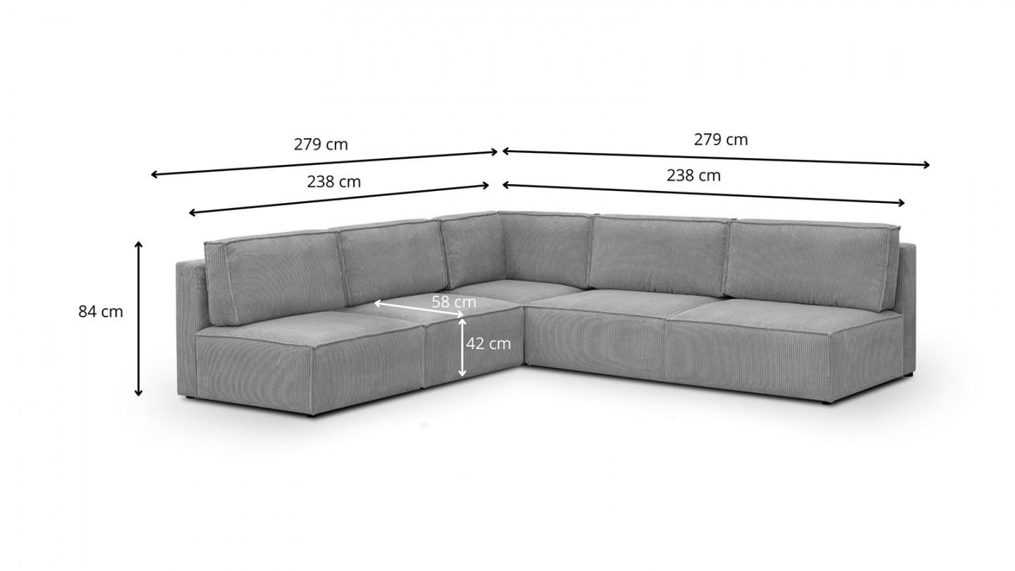 Canapé d'angle à gauche modulable 8 places en velours côtelé gris clair - Harper Mod