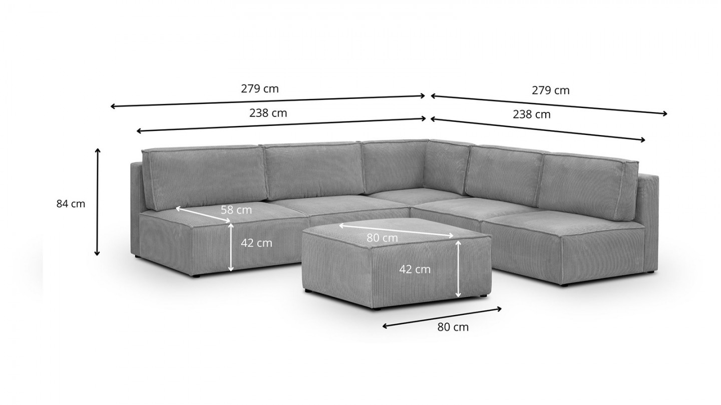 Canapé d'angle à droite modulable 8 places avec pouf en velours côtelé gris clair - Harper Mod