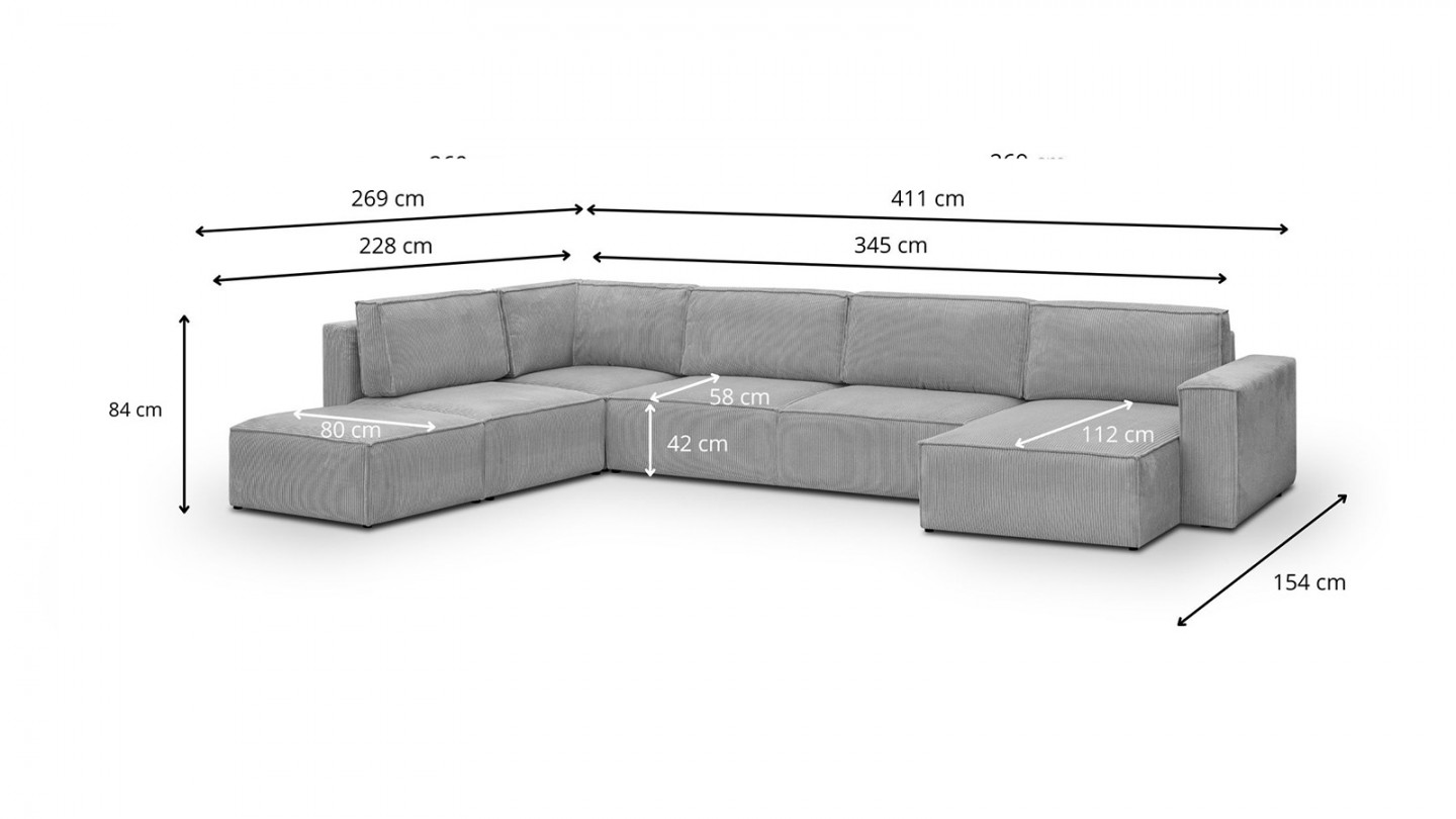 Canapé d'angle à gauche panoramique convertible modulable 8 places avec pouf en velours côtelé gris clair - Harper Mod