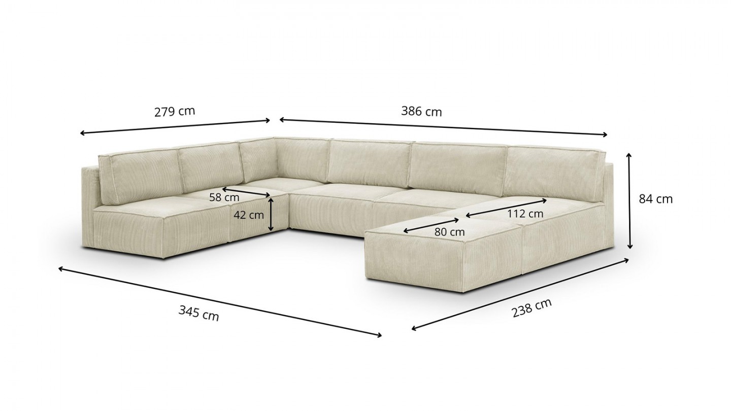 Canapé d'angle à gauche panoramique modulable convertible 10 places avec pouf en velours côtelé beige - Harper Mod