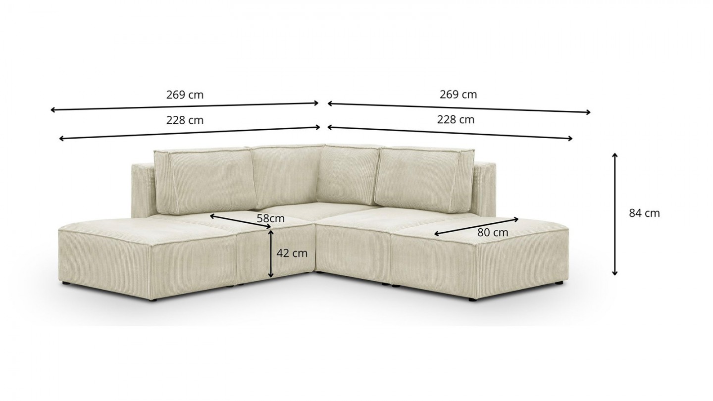 Canapé d'angle à gauche modulable 4 places avec 2 poufs en velours côtelé beige - Harper Mod