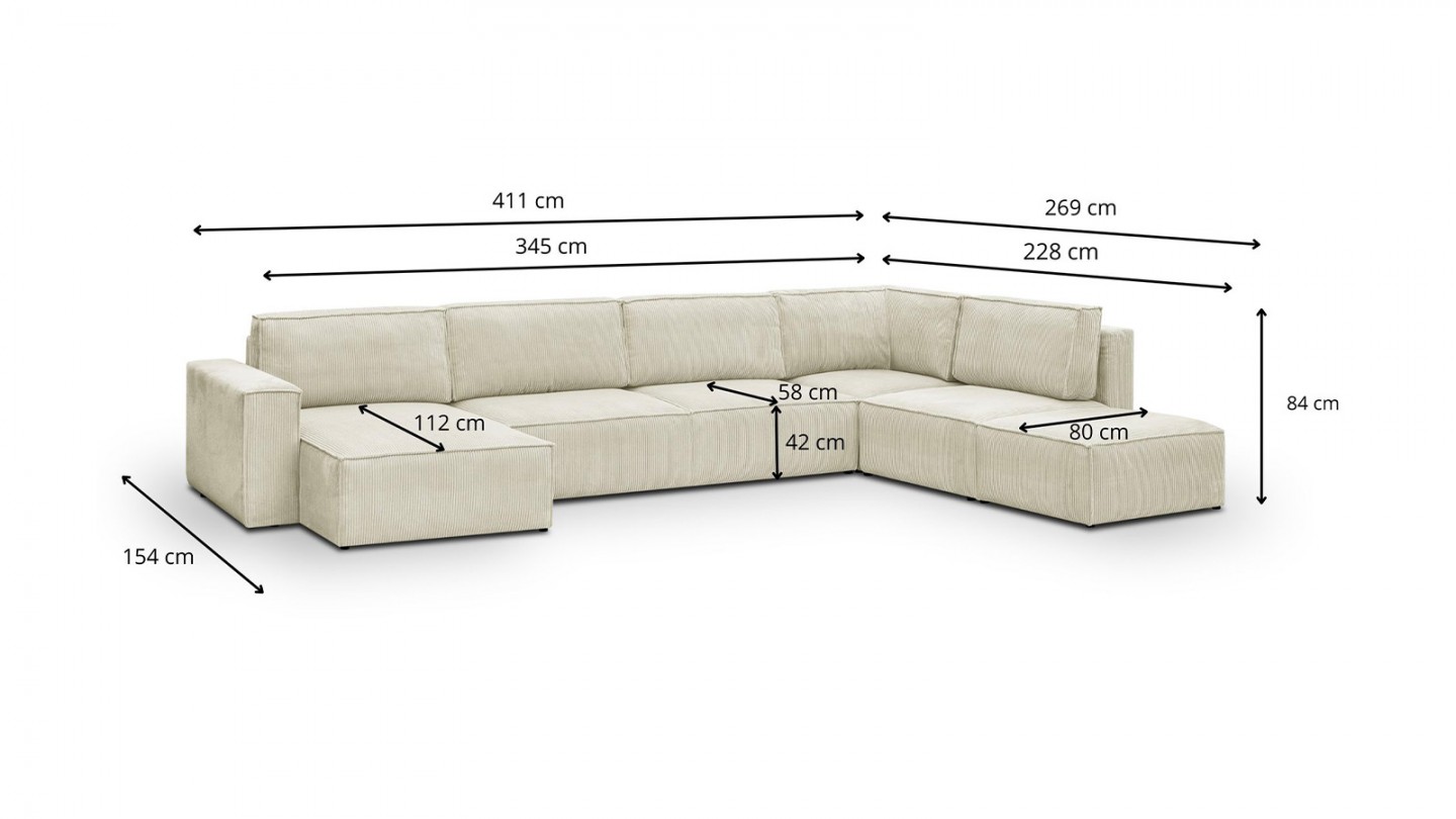 Canapé d'angle à droite panoramique convertible modulable 8 places avec pouf en velours côtelé beige - Harper Mod