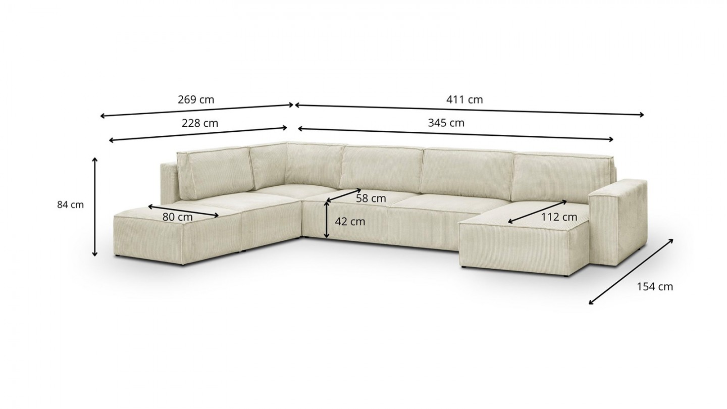 Canapé d'angle à gauche panoramique convertible modulable 8 places avec pouf en velours côtelé beige - Harper Mod