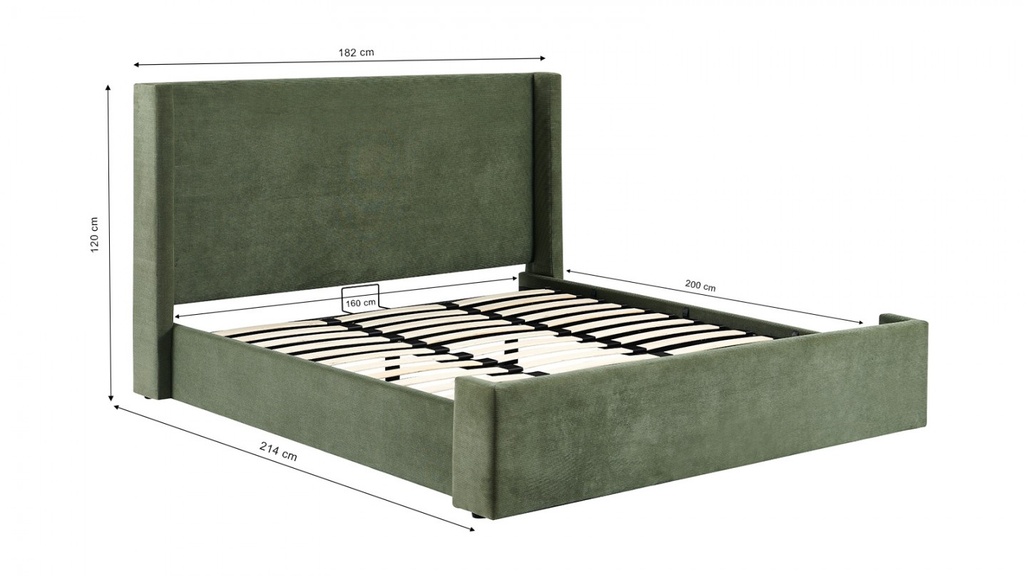 Lit adulte 160x200 cm avec tête de lit capitonnée en velours côtelé vert kaki - Frida