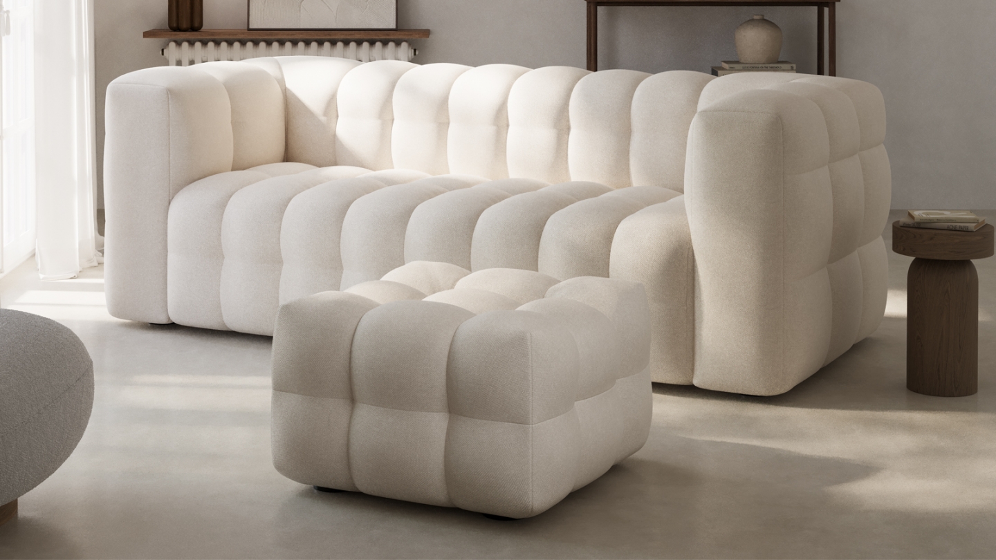 Ensemble Canapé capitonné 3 places + Pouf en tissu chenille beige - Cester