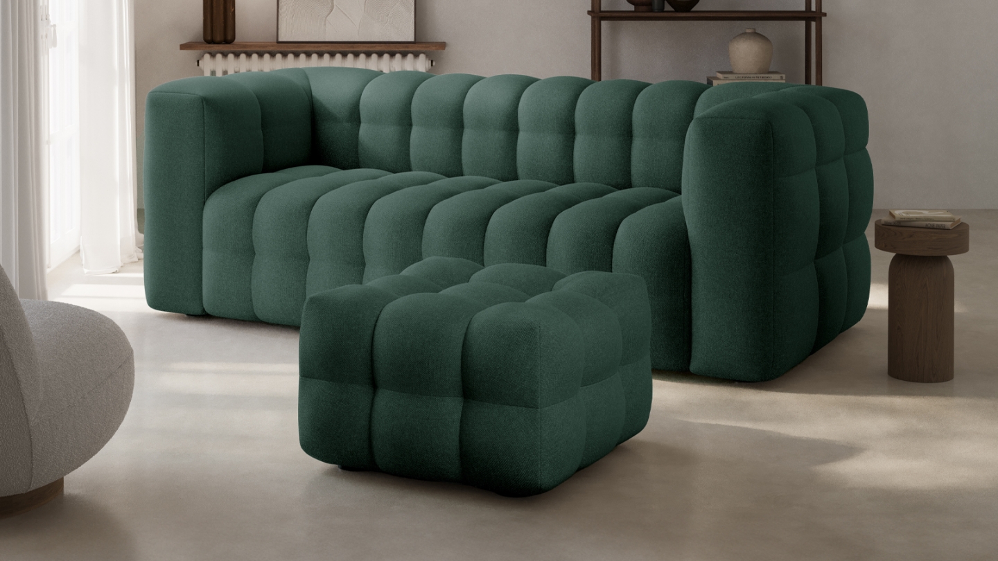 Ensemble Canapé capitonné 3 places + Pouf en tissu chenille vert - Cester