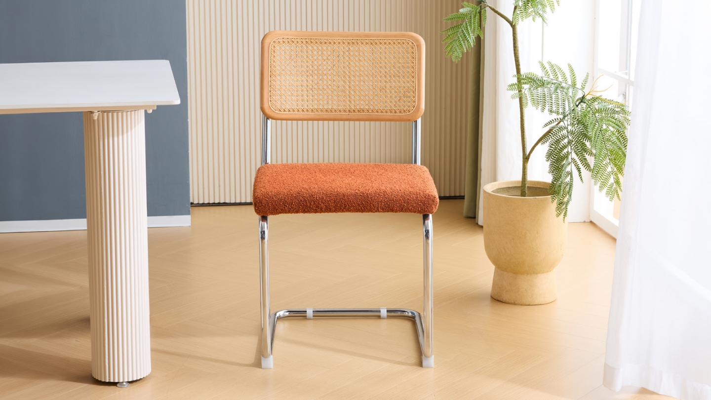 Lot de 2 chaises en cannage, tissu bouclé rouille et métal chromé - Muse