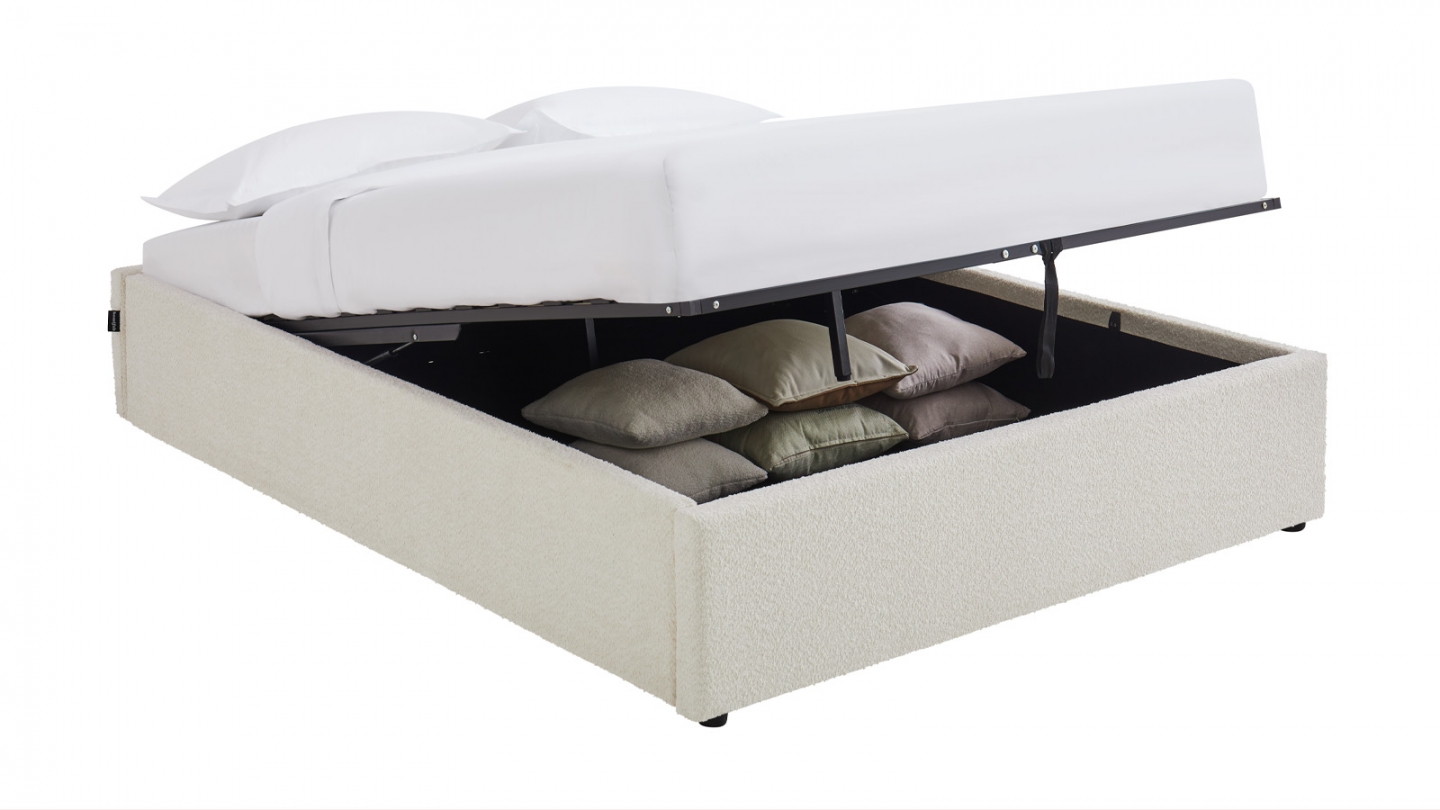 Lit coffre adulte 160x200 cm en tissu bouclé beige avec sommier - Handy