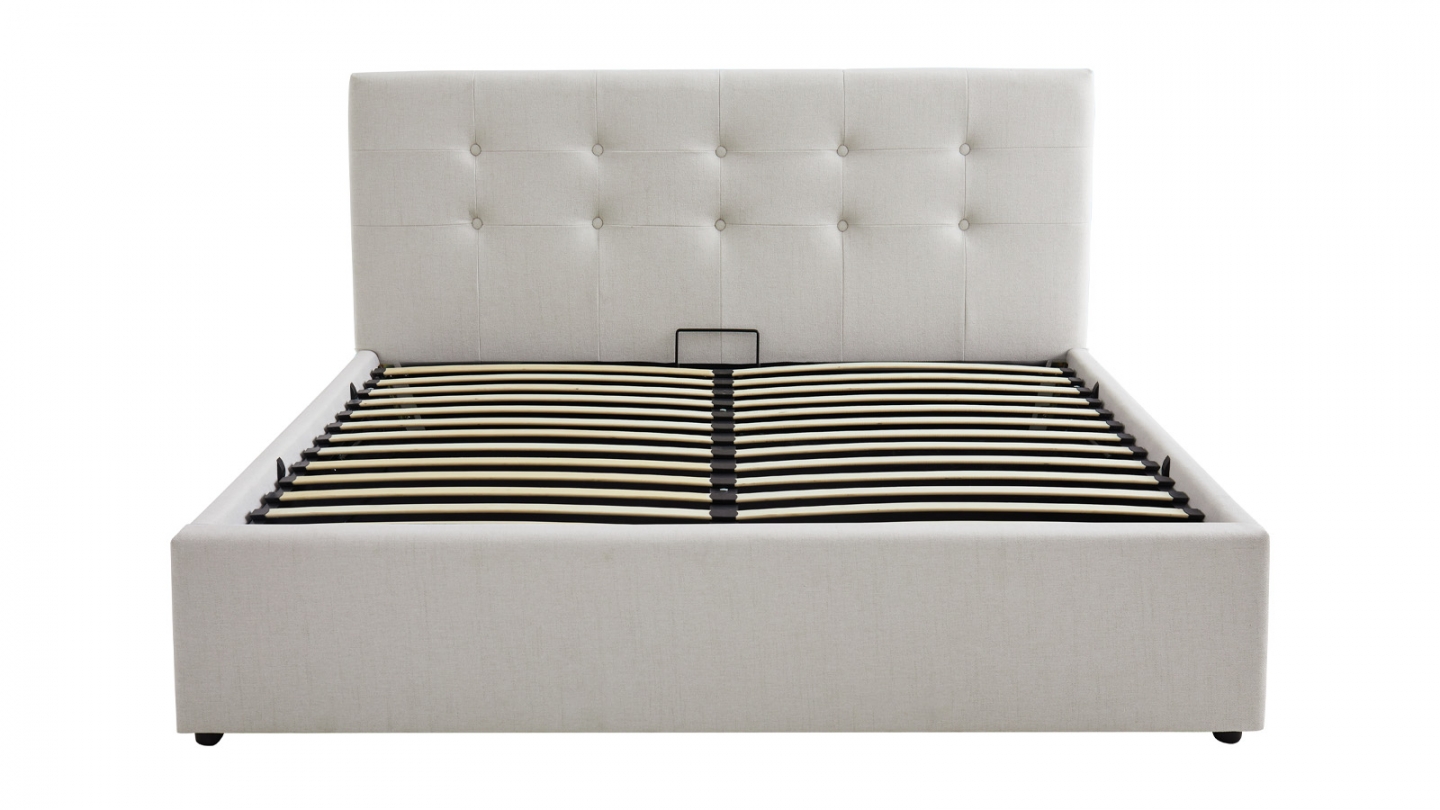 Lit coffre adulte 140x190 cm avec tête de lit matelassée en tissu beige et sommier - Tina