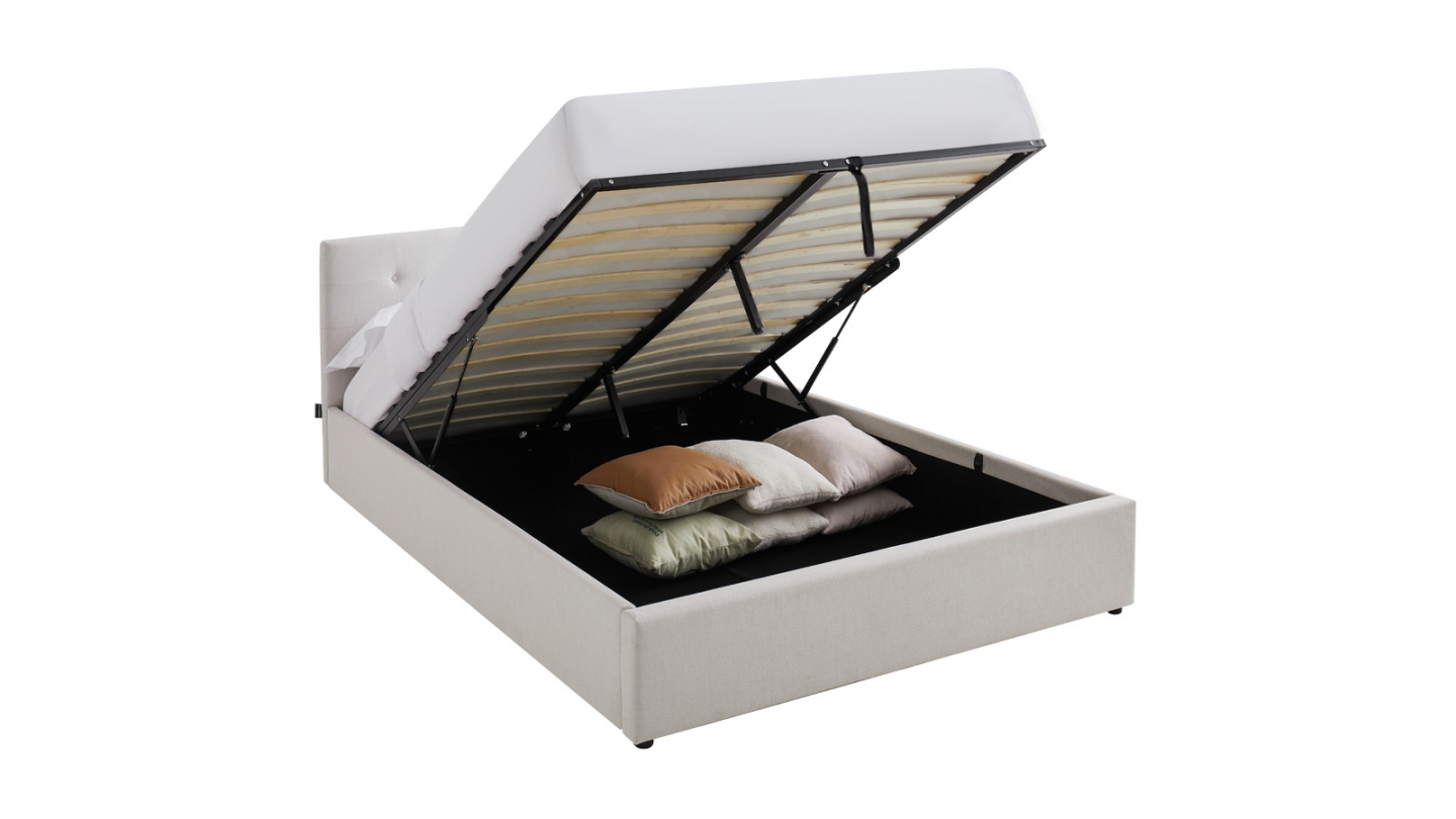 Lit coffre adulte 140x190 cm avec tête de lit matelassée en tissu beige et sommier - Tina