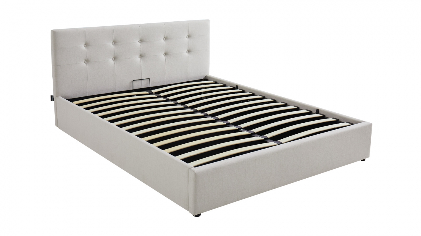 Lit coffre adulte 160x200 cm avec tête de lit matelassée en tissu beige et sommier - Tina