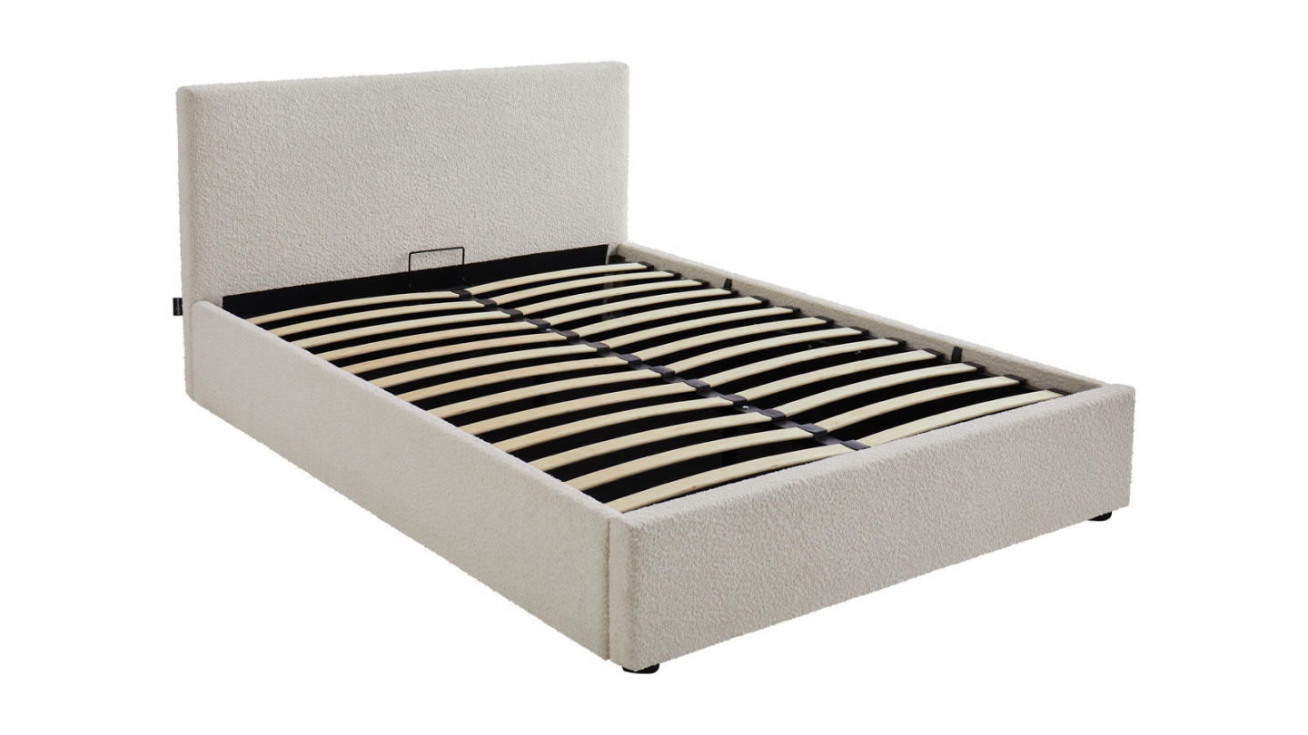 Lit coffre adulte 140x190 cm avec tête de lit matelassée en tissu bouclé beige et sommier - Tina