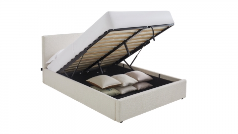 Lit coffre adulte 160x200 cm avec tête de lit capitonnée en tissu bouclé beige et sommier - Tina