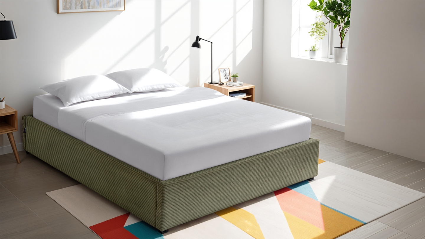 Lit coffre adulte 140x190 cm en velours côtelé vert avec sommier - Handy