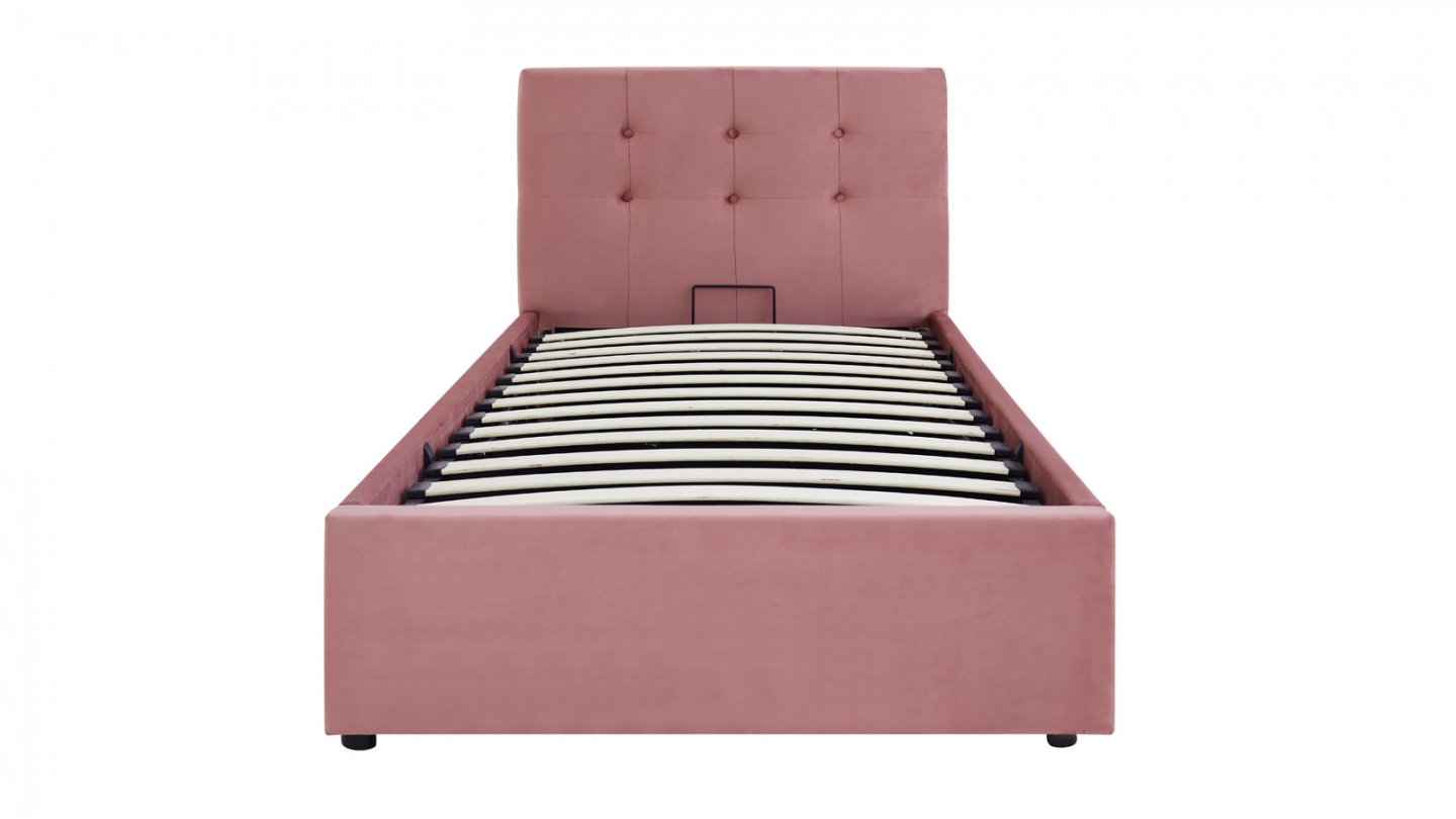 Lit coffre adulte 90x190 cm avec tête de lit capitonnée en velours rose et sommier - Tina