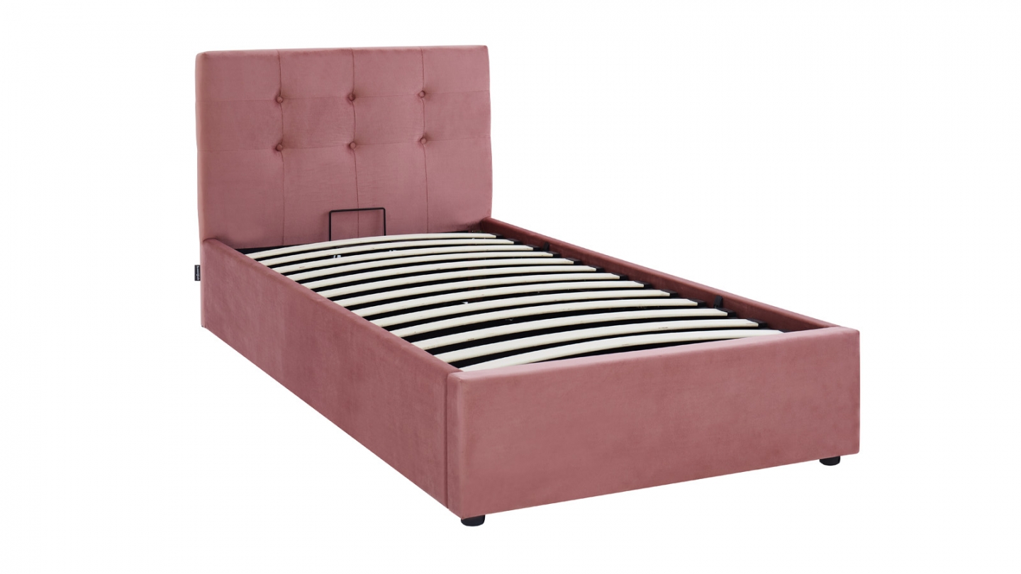 Lit coffre adulte 90x190 cm avec tête de lit capitonnée en velours rose et sommier - Tina