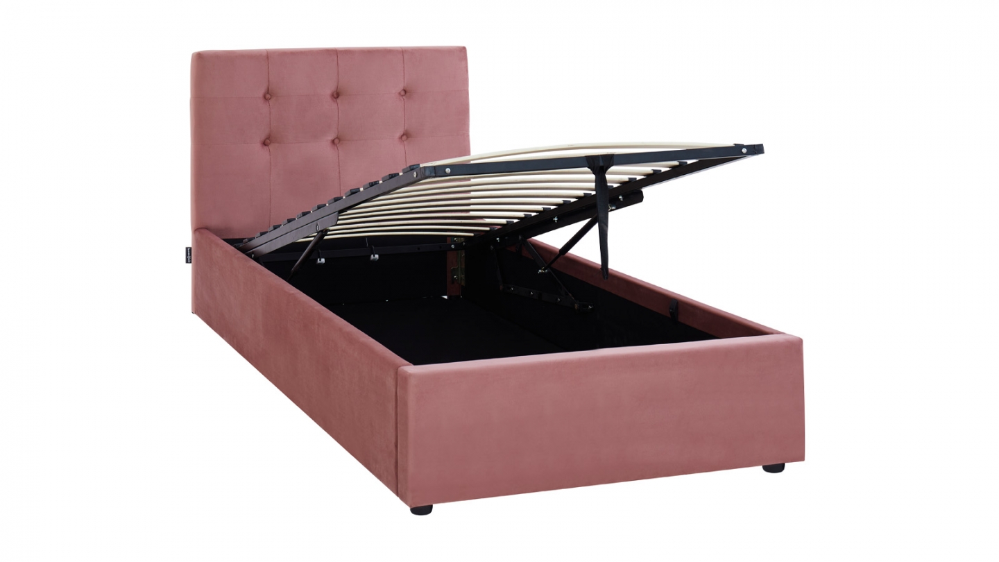 Lit coffre adulte 90x190 cm avec tête de lit capitonnée en velours rose et sommier - Tina