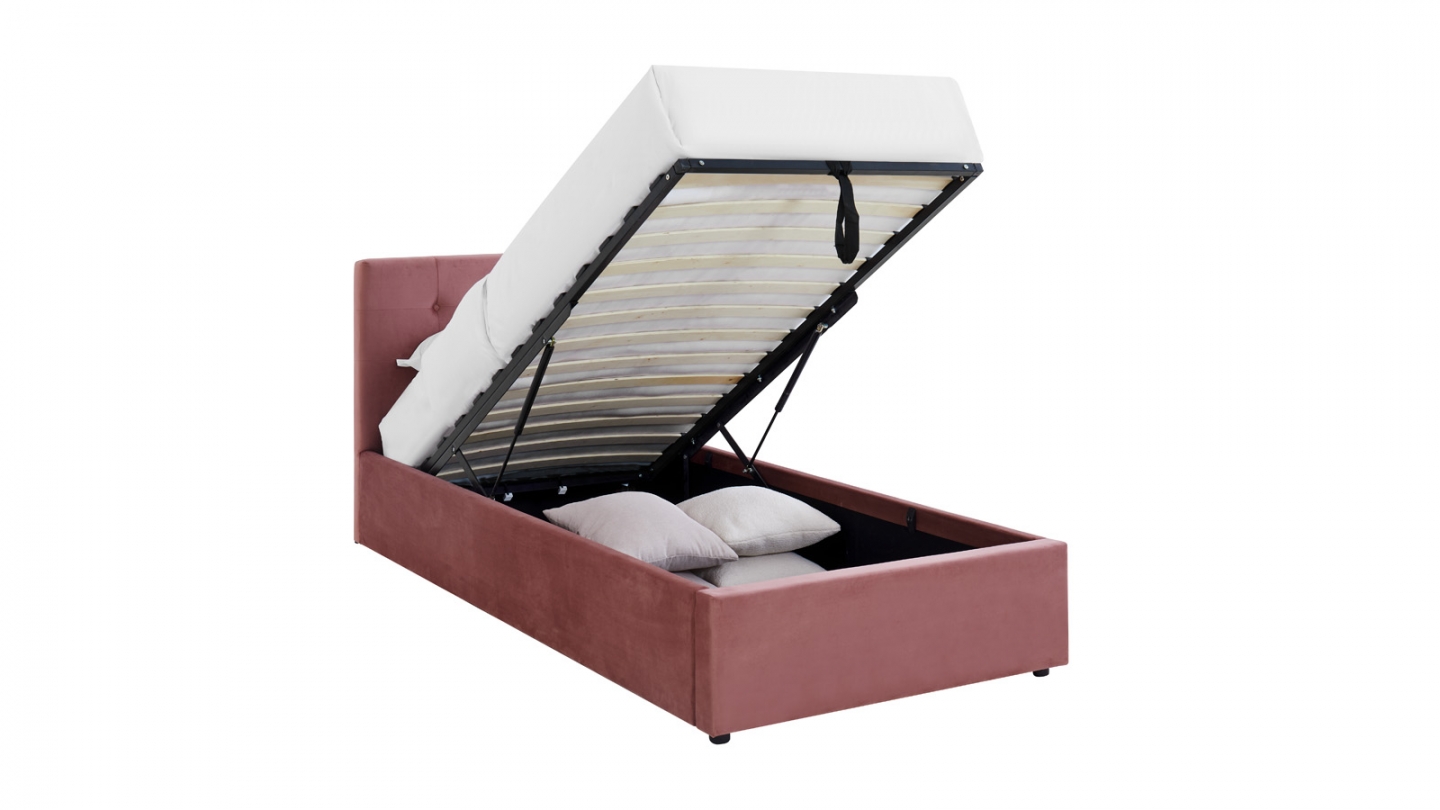 Lit coffre adulte 90x190 cm avec tête de lit capitonnée en velours rose et sommier - Tina