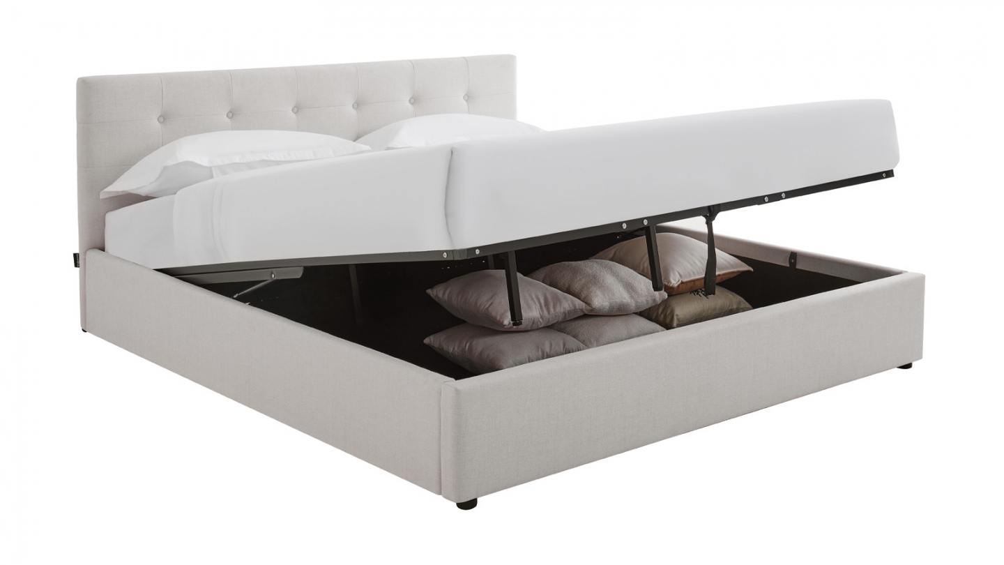 Lit coffre adulte 180x200 cm avec tête de lit capitonnée en tissu beige et sommier - Tina