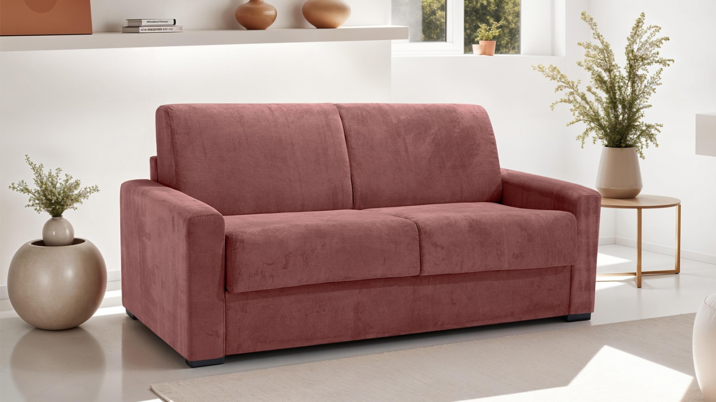 Canapé convertible 3 places en velours côtelé terracotta - collection Anzio Canapé convertible 3 places en velours côtelé terracotta - collection Anzio