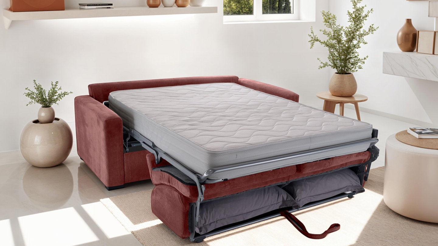 Canapé convertible 3 places en velours côtelé terracotta - collection Anzio Canapé convertible 3 places en velours côtelé terracotta - collection Anzio