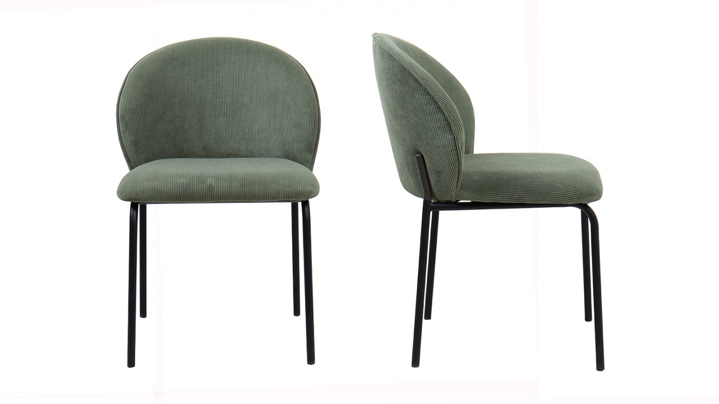 Lot De 2 Chaises Velours Côtelé Kaki IDMarket – Accoudoirs, Pieds Métal Noir – Pour Salle à Manger, Bureau, Salon