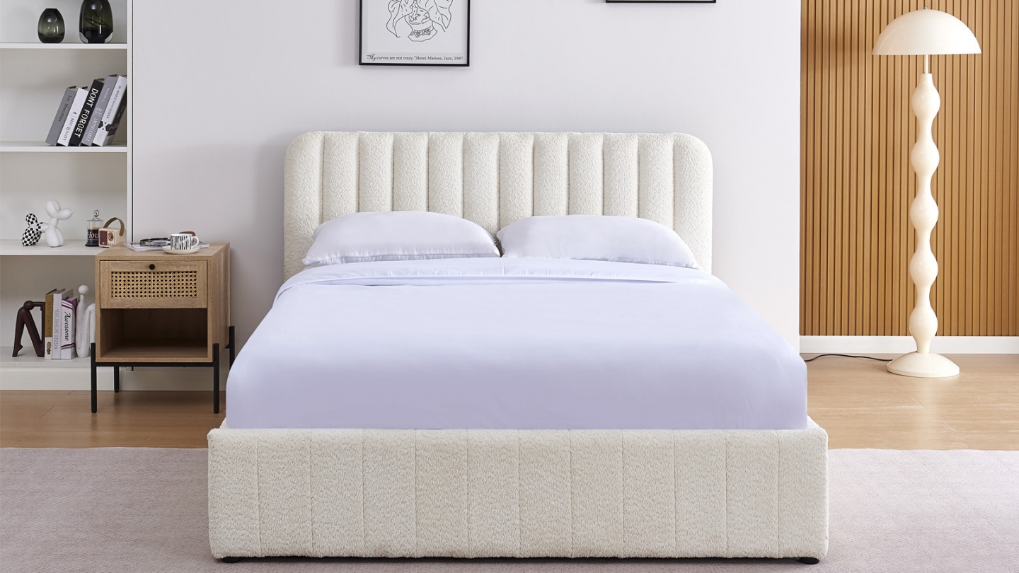 Lit coffre adulte 160x200 cm avec tête de lit capitonnée en tissu bouclé beige - Ava